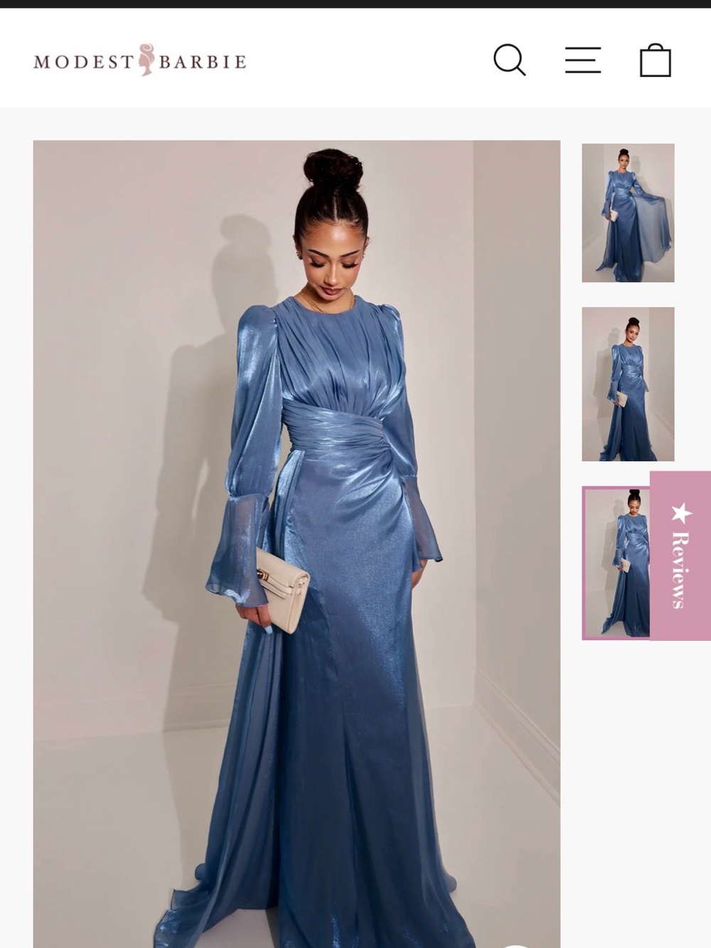 Blue Long-Sleeve Satin Evening Dress